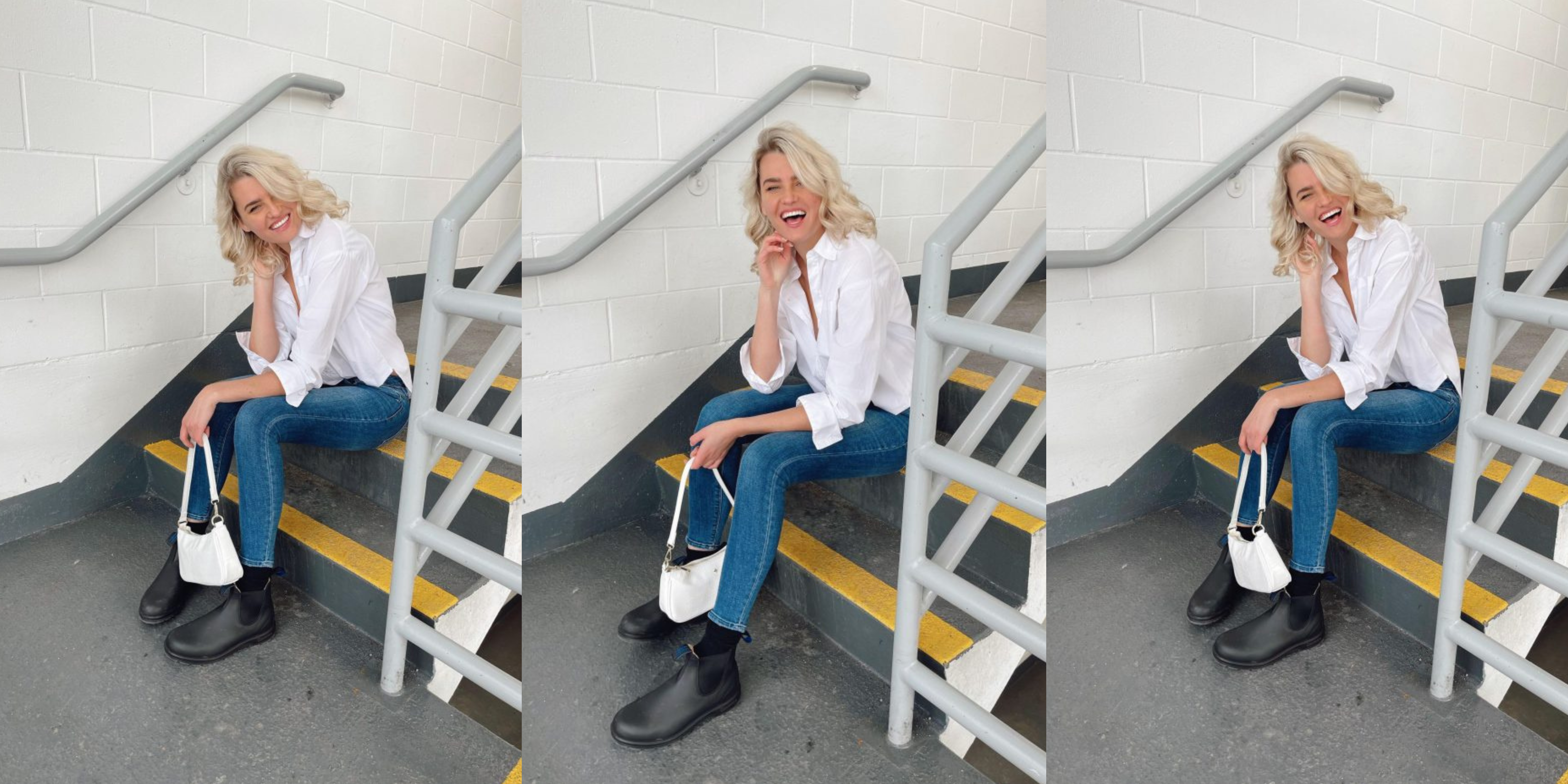 Here are three pictures of a blonde girl sitting on stairs wearing a minimalistic fashion outfit. Her aesthetic is clean girl aesthetic and pinterest fashion. Follow for blog posts every monday and social media tips and how to make money on social media.