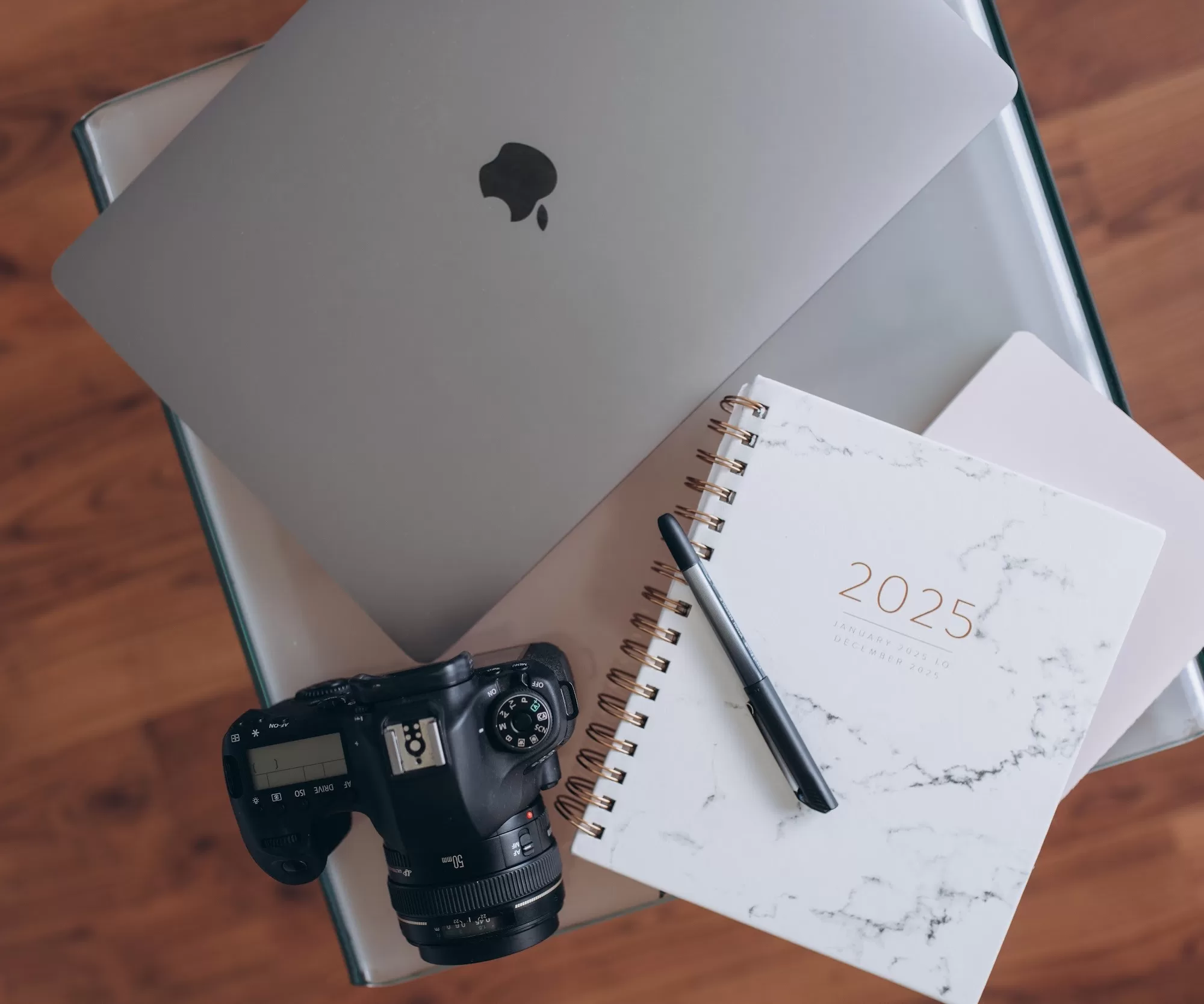 camera, laptop and planner